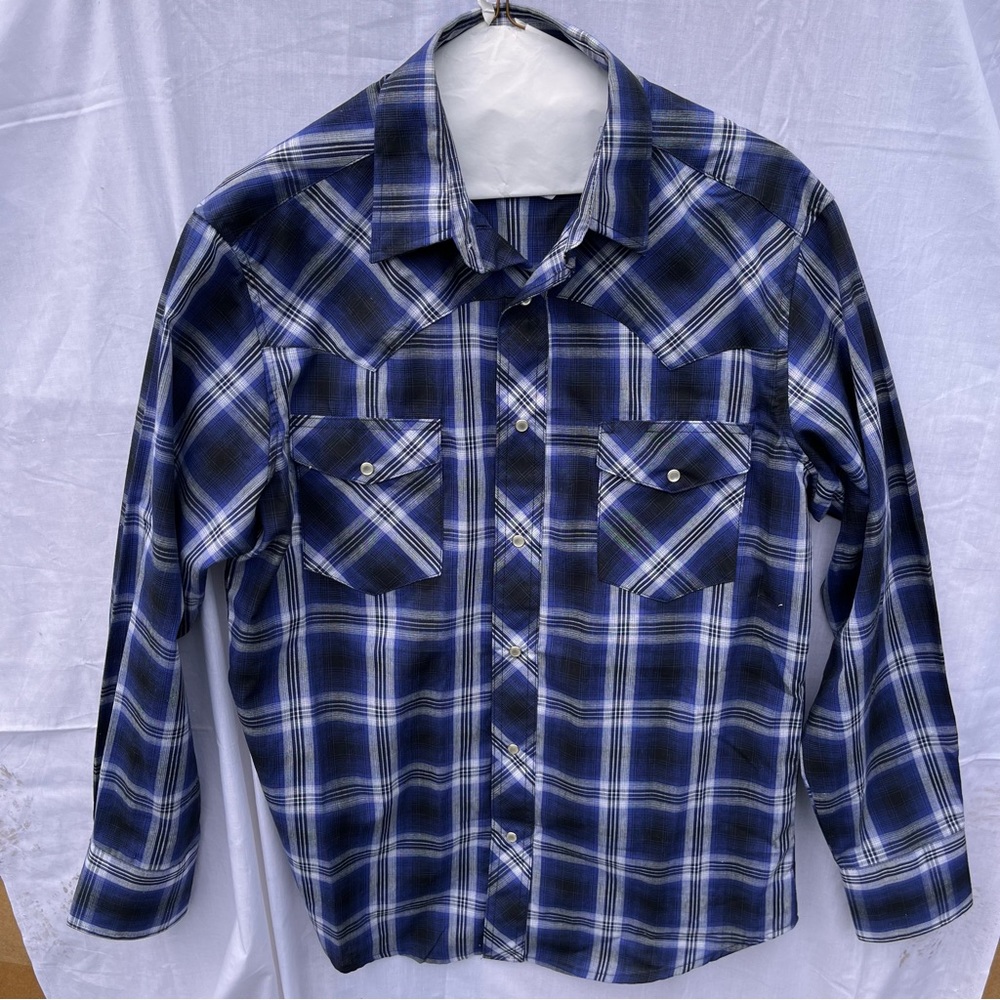 Men’s Western Wrangler blue plaid , Pearl Button Snap , Long Sleeve Shir…